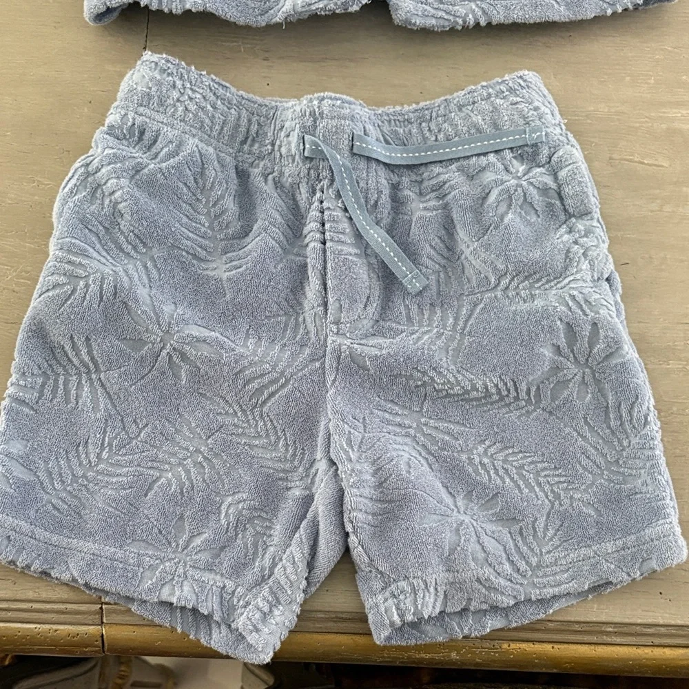 Janie and Jack Terry Shorts Set in Light Blue with Floral Leaf Pattern Size 4 - Picture 2 of 7